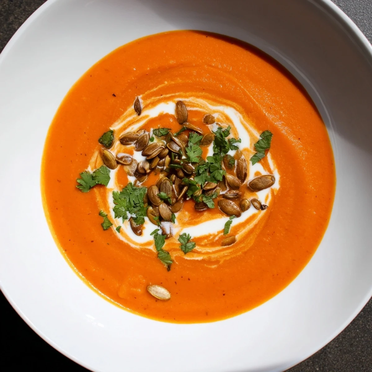 Creamy, steaming bowl of Spiced Carrot Soup, garnished with fresh herbs and toasted seeds.