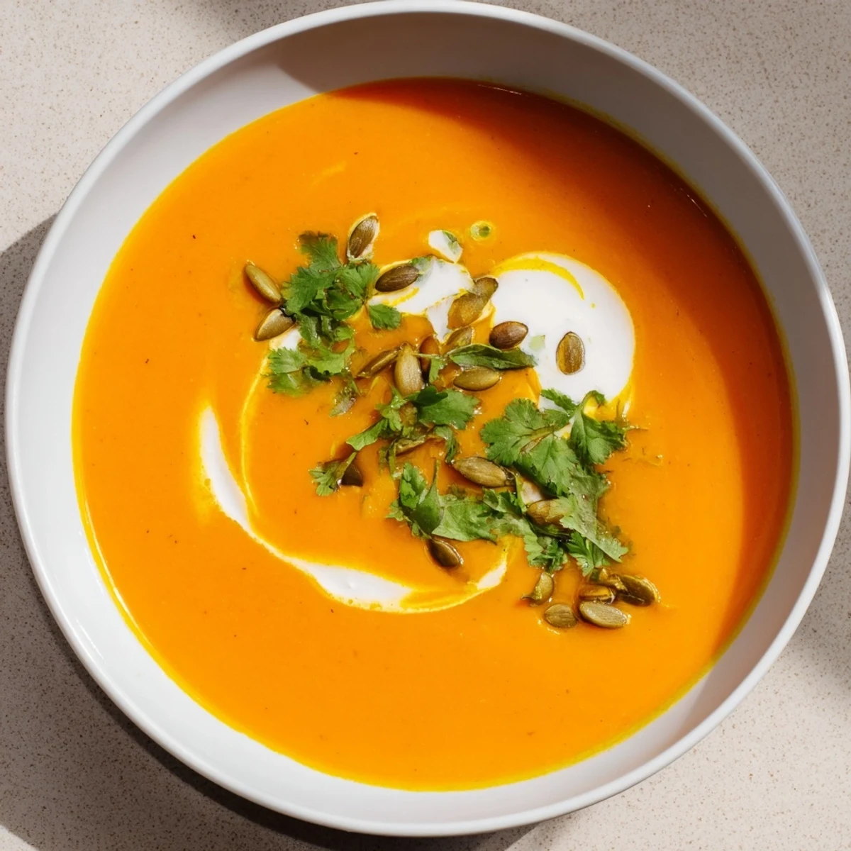 Golden-orange Spiced Carrot Soup, a comforting vegetarian meal with rich, warming flavors.