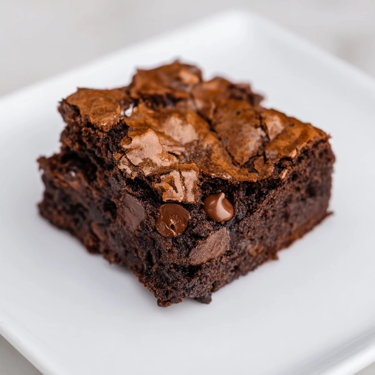 Close-up of freshly baked chocolate brownies, showing a rich, fudgy center and chocolate chips.