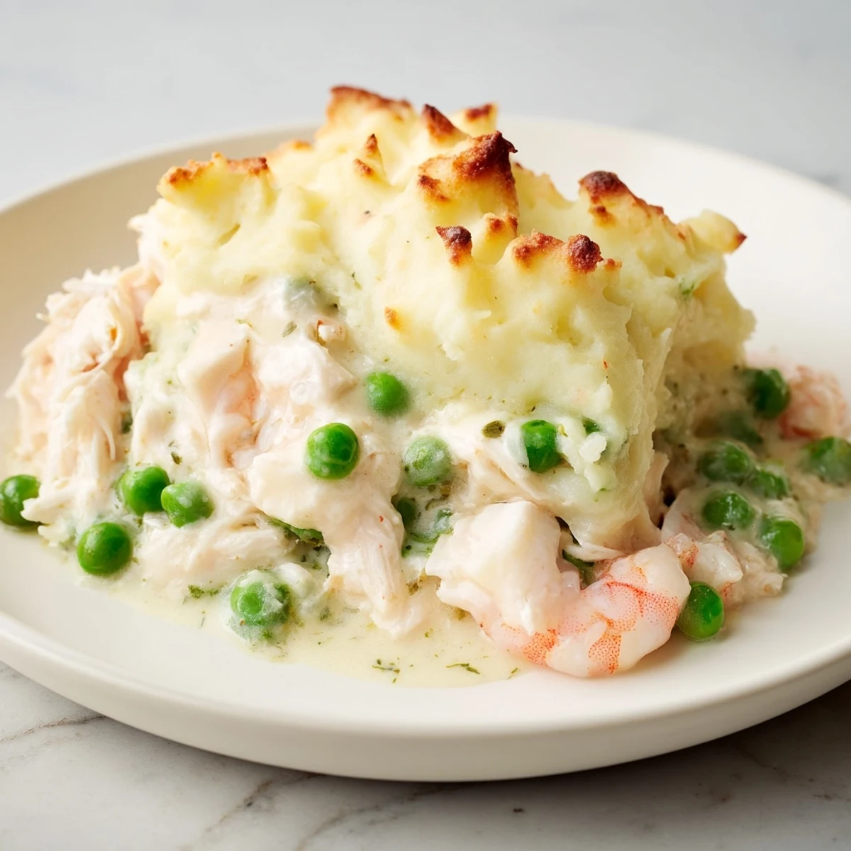 Golden, bubbling Creamy Fish Pie, a hearty British dish with fluffy mashed potatoes.
