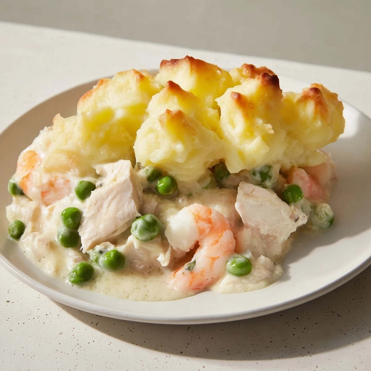 Tender fish baked in creamy sauce, topped with golden mashed potatoes: Creamy Fish Pie delight.
