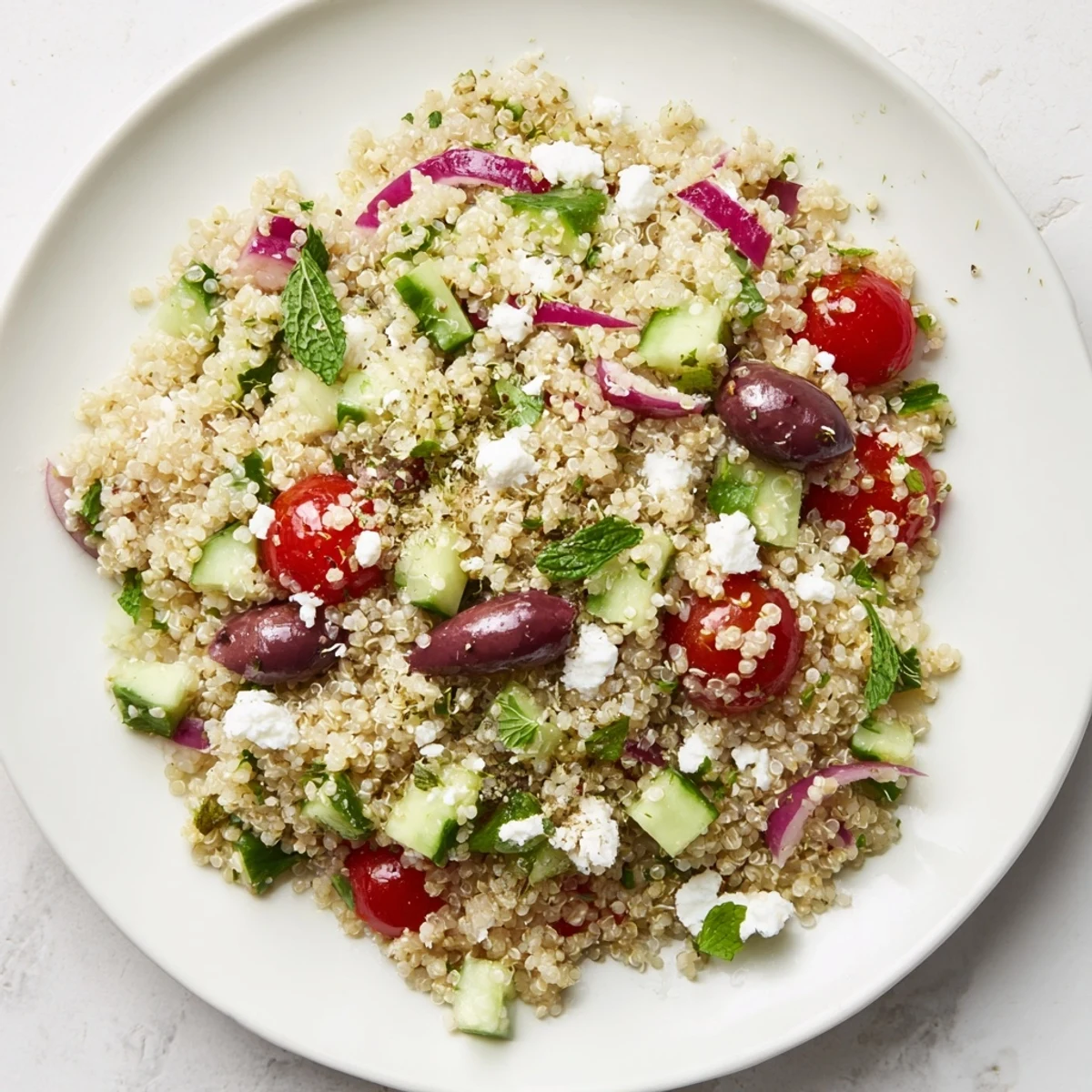 Fluffy Mediterranean Quinoa Salad with cucumber, vibrant colors, feta crumbles, and a zesty dressing.