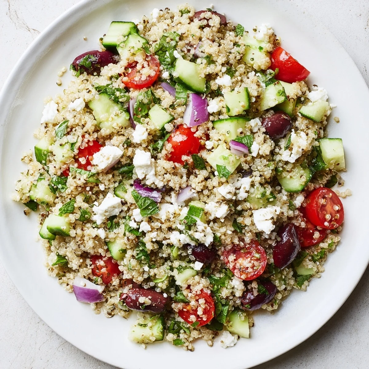 Enjoy a colorful serving of Mediterranean Quinoa Salad with cucumber, a flavorful and healthy meal option.