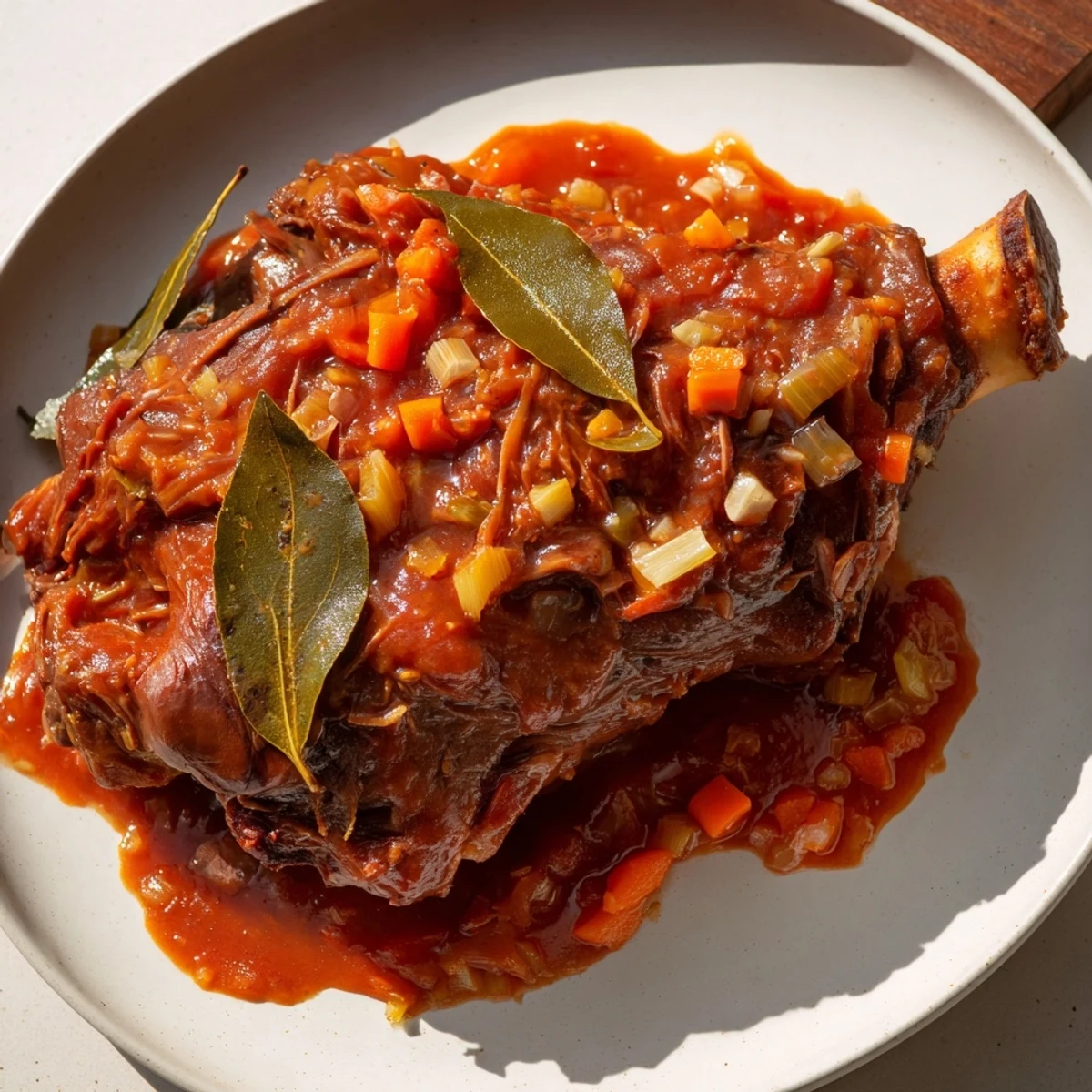 Slow Cooked Lamb Shanks in tomato sauce, falling off the bone, served in a rich, savory broth.