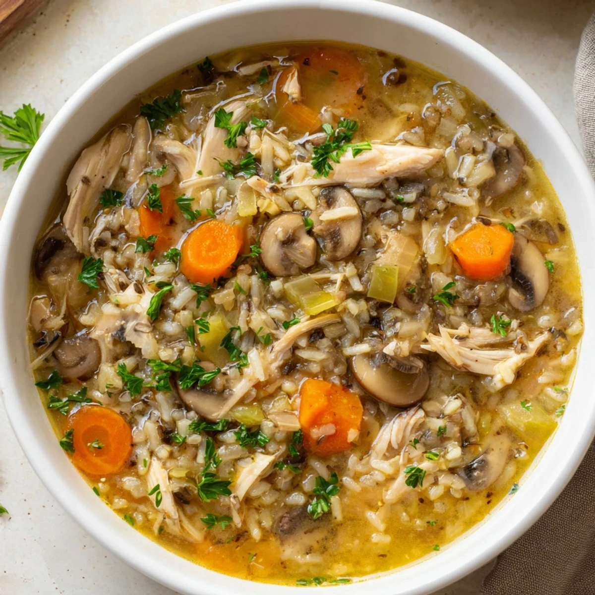Steaming Instant Pot Chicken and Wild Rice Soup, topped with fresh parsley, ready to enjoy.
