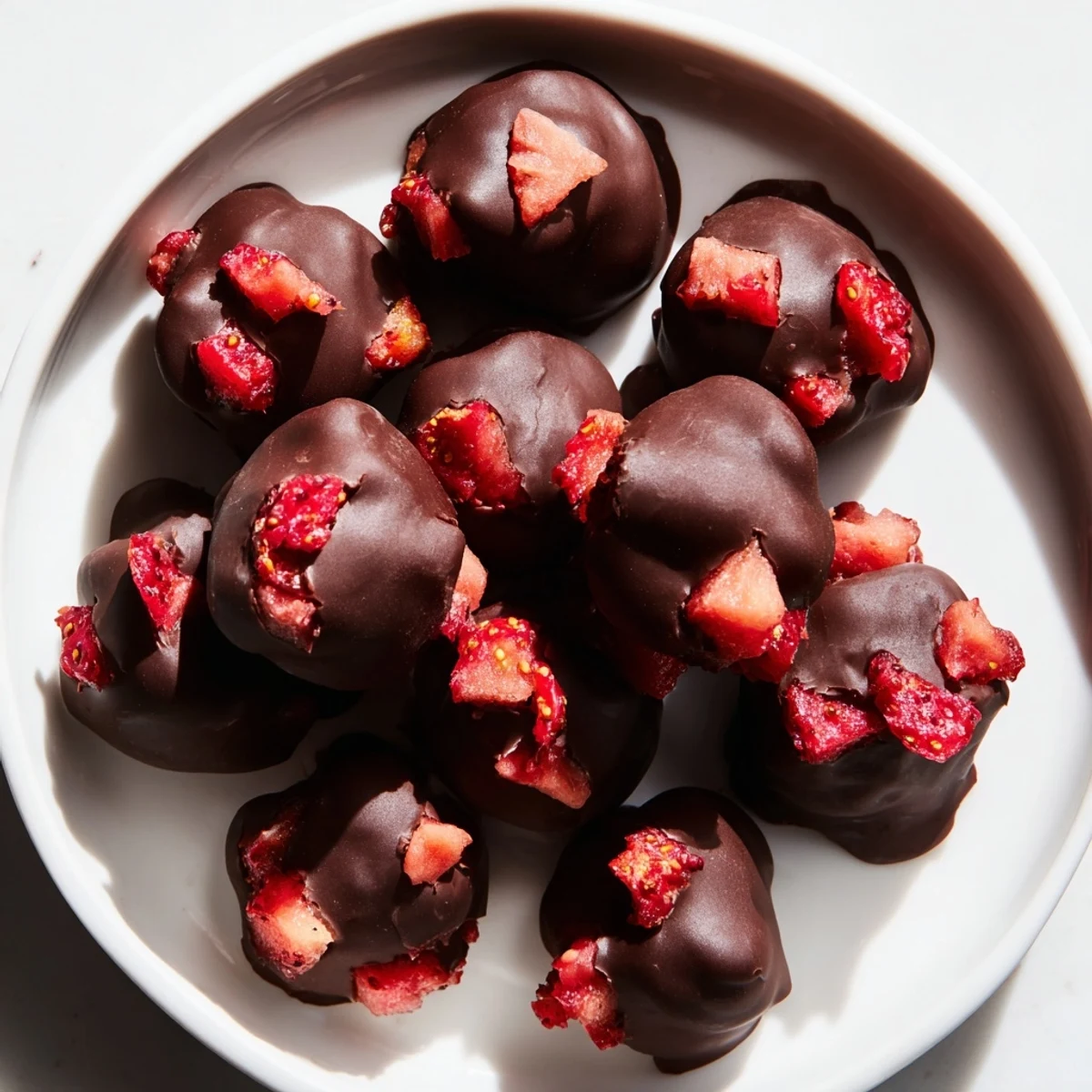 Chocolate Covered Strawberry Greek Yogurt Clusters, dipped in dark chocolate, look like sweet treats.