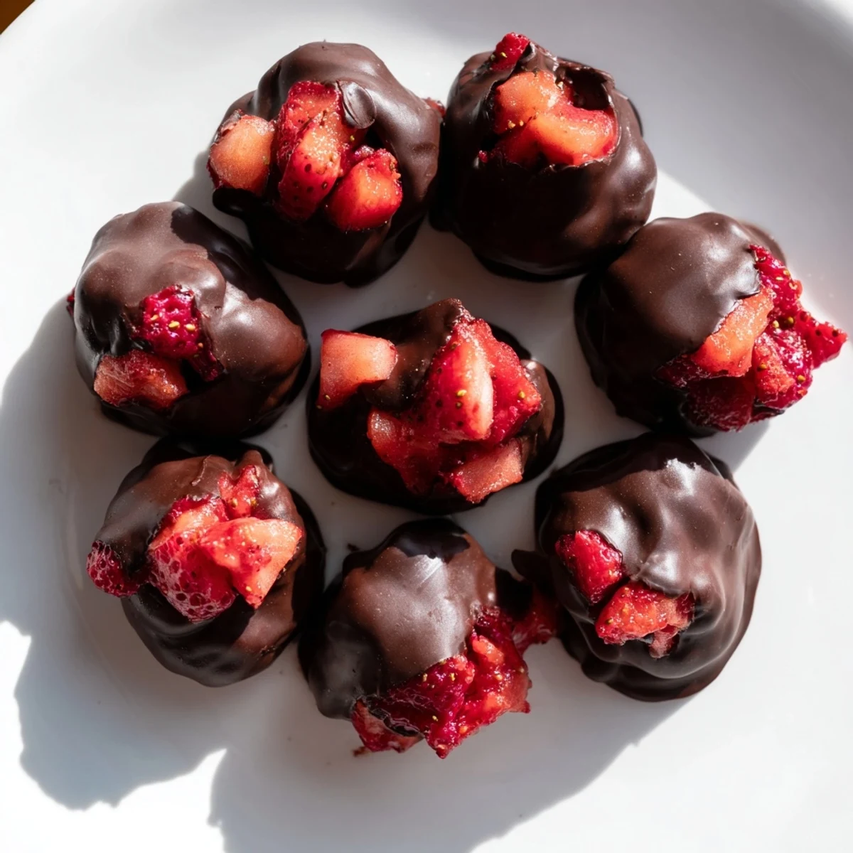 Beautiful view of fresh, frozen Chocolate Covered Strawberry Greek Yogurt Clusters, perfect healthy dessert.