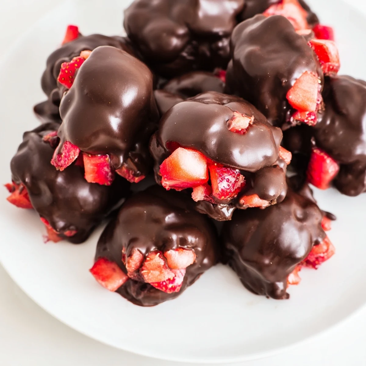 These Chocolate Covered Strawberry Greek Yogurt Clusters are arranged for a delicious summer snack.