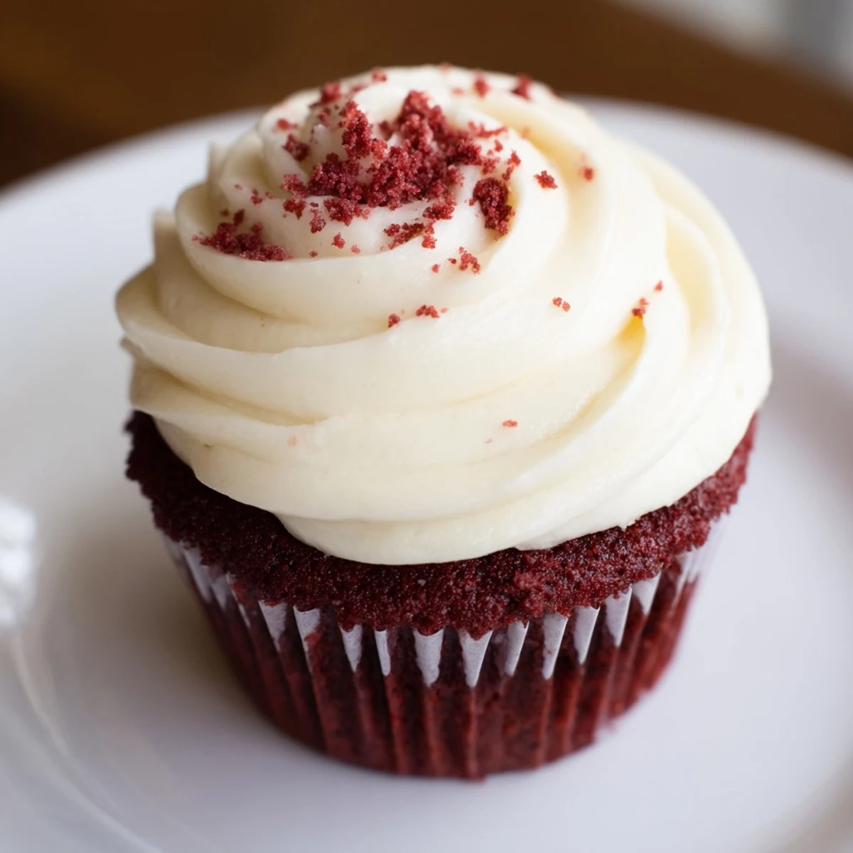 Freshly baked red velvet cupcakes boast a beautiful swirl of creamy cream cheese frosting.
