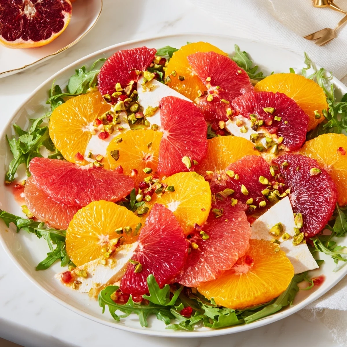 A colorful view of Winter Citrus Salad with pomegranate creating a beautiful and refreshing salad for lunch.