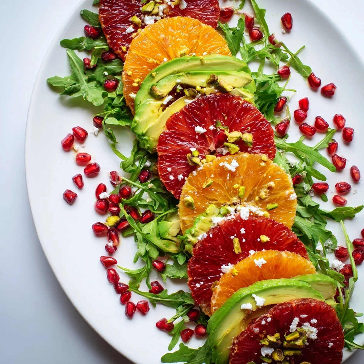 A colorful view of Winter Citrus Salad with pomegranate creating a beautiful and refreshing salad for lunch.