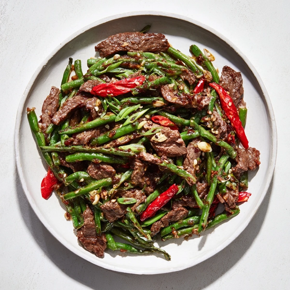 Sizzling Spicy Szechuan Green Beans with beef, a colorful stir-fry with a rich, savory sauce.