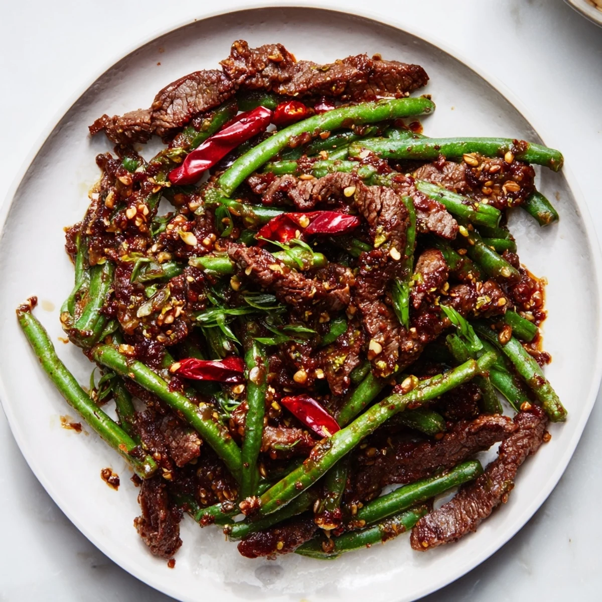 This image shows a flavorful plate of Spicy Szechuan Green Beans, brimming with tender beef and vibrant green beans.