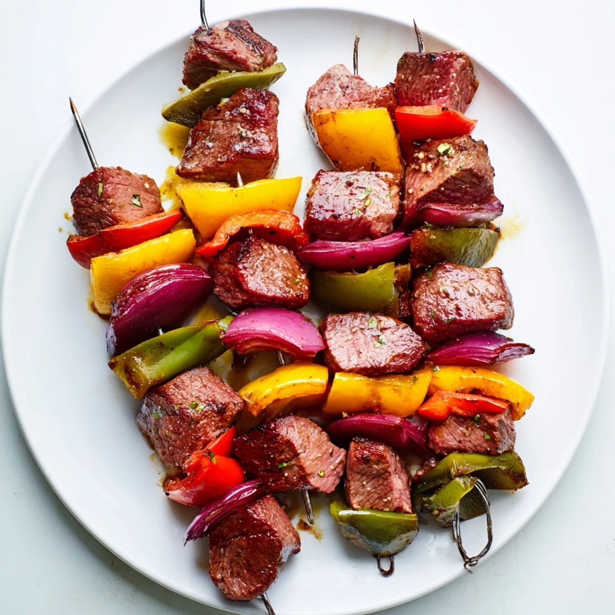 Juicy grilled beef kebabs with vibrant peppers and onions, perfect for a summer barbecue.