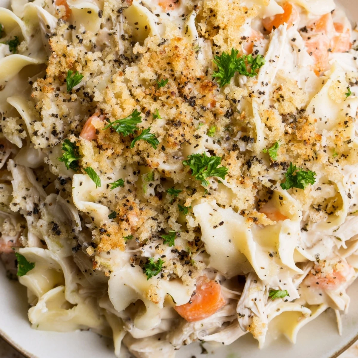 Golden-brown crumble tops a creamy chicken noodle casserole, a comforting family favorite.