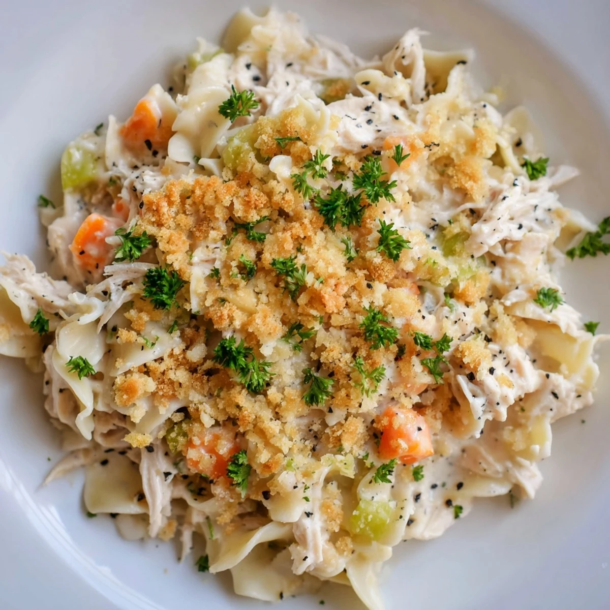 Steaming-hot chicken noodle casserole with a buttery, crispy topping, ready to serve with salad.
