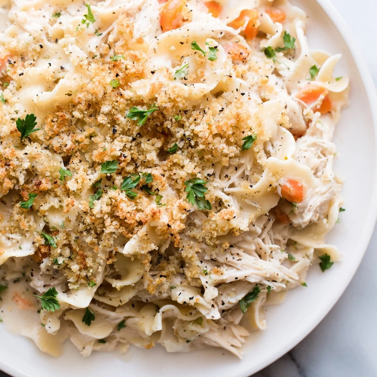 A close-up of a bubbling chicken noodle casserole, showing the tender chicken and vegetables.