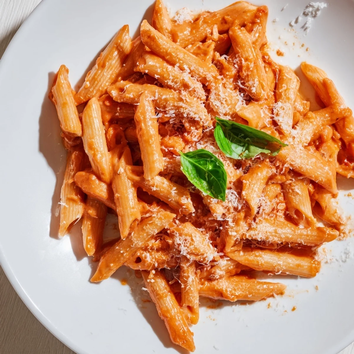 Creamy tomato pasta with vivid basil and Parmesan garnish, ready for a comforting Italian dinner.