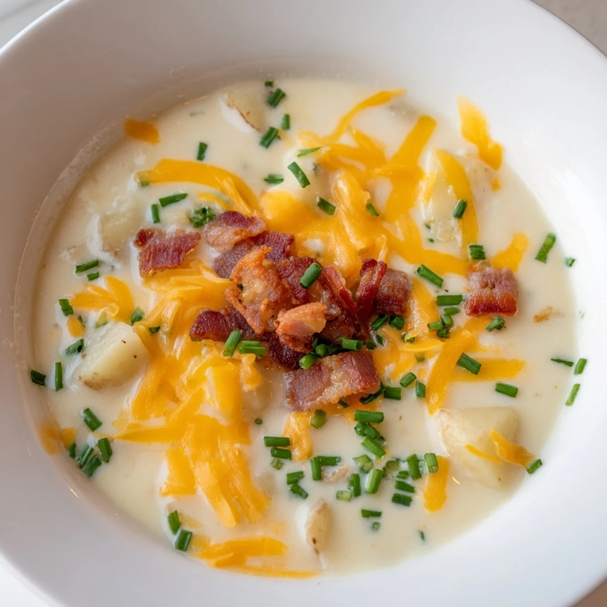 Golden, crispy halal turkey bacon topping a bowl of creamy potato soup, ready to eat.