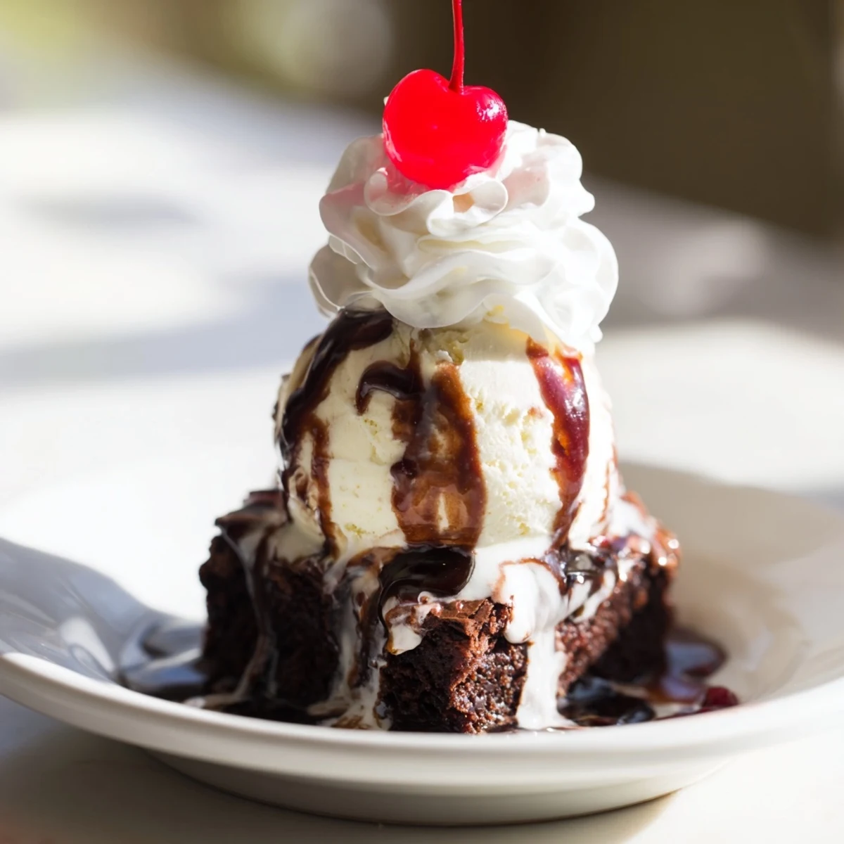 Warm hot fudge cascades over a decadent Chocolate Brownie Sundae with vanilla ice cream and whipped cream.
