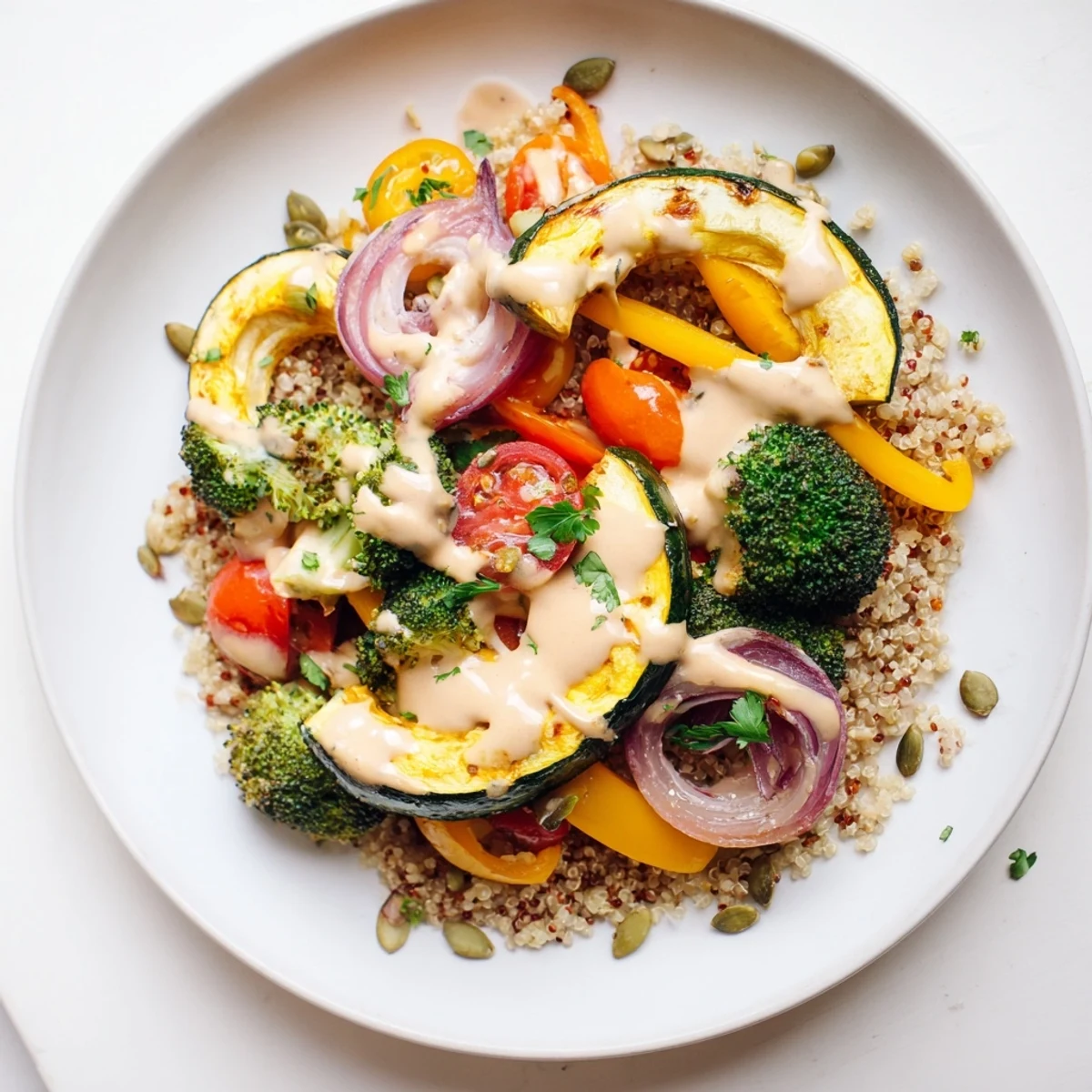 Fluffy quinoa topped with roasted vegetables, finished with the bright lemon-tahini in this bowl.
