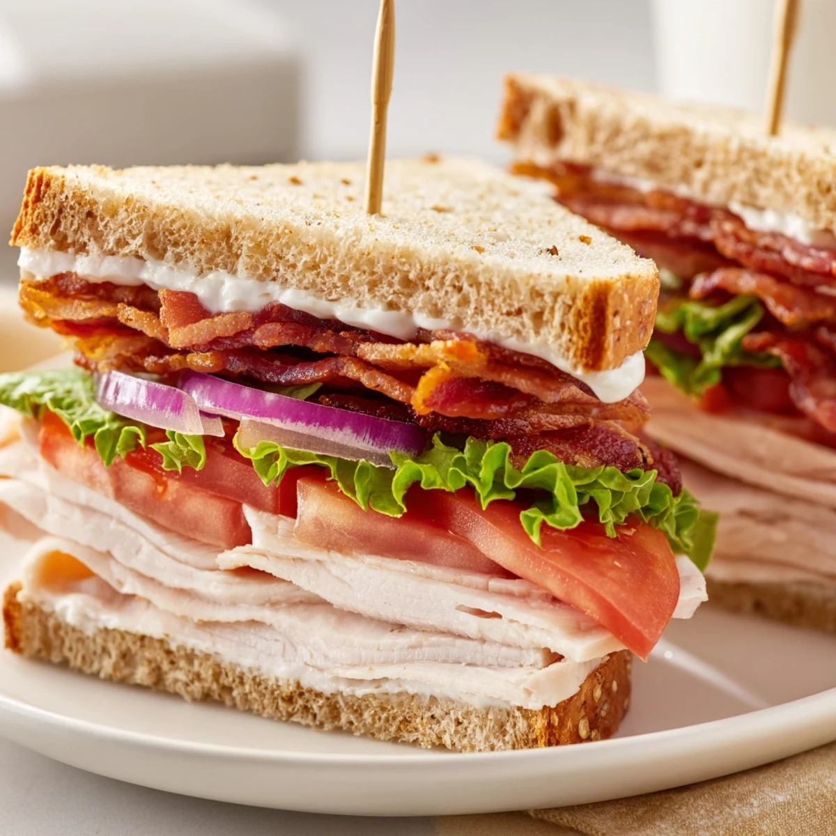 Tender turkey breast, juicy tomatoes, and turkey bacon create a delicious Turkey Club.