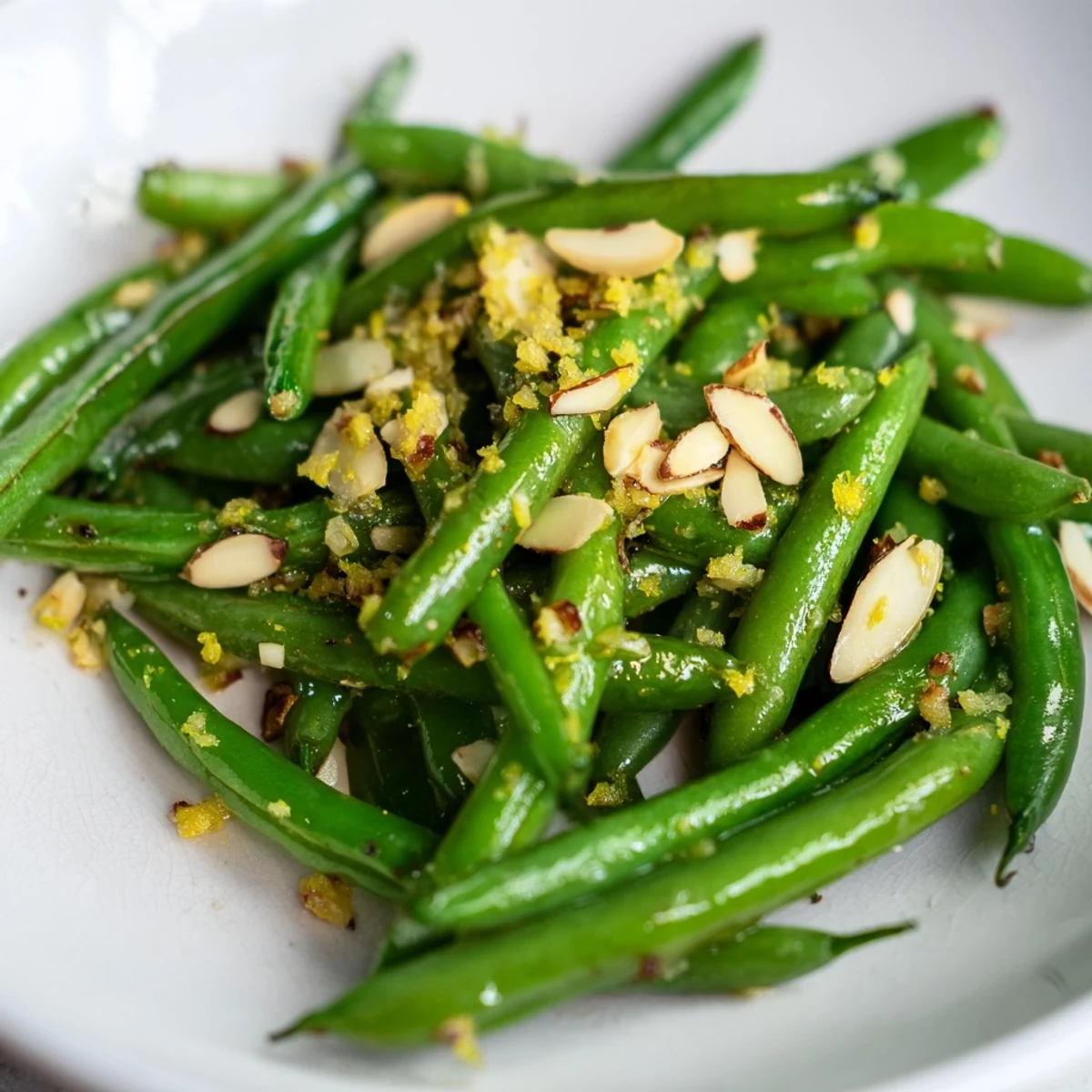 Tender, sautéed Lemon Garlic Green Beans with Almonds—a delicious vegetarian side dish, fully cooked and garnished.