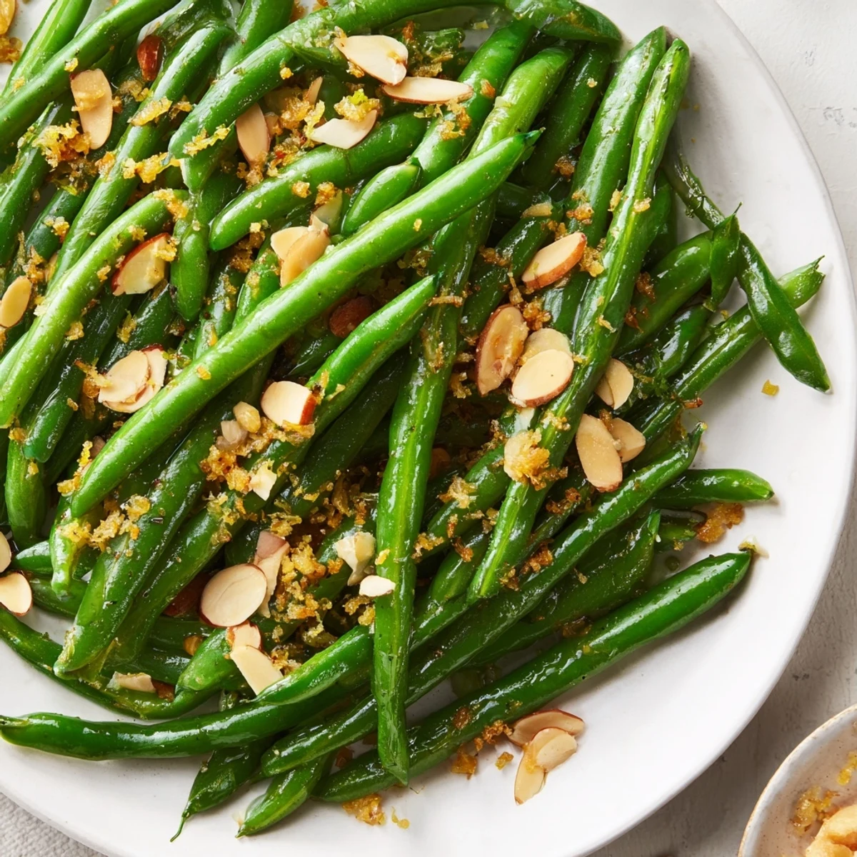 Close-up of a skillet showing Lemon Garlic Green Beans with Almonds, ready to be enjoyed as a flavorful side.