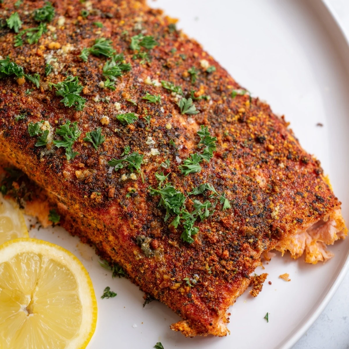 Close-up shot shows moist, spicy Baked Salmon with Cajun Seasoning, looking absolutely mouthwatering and flavorful.