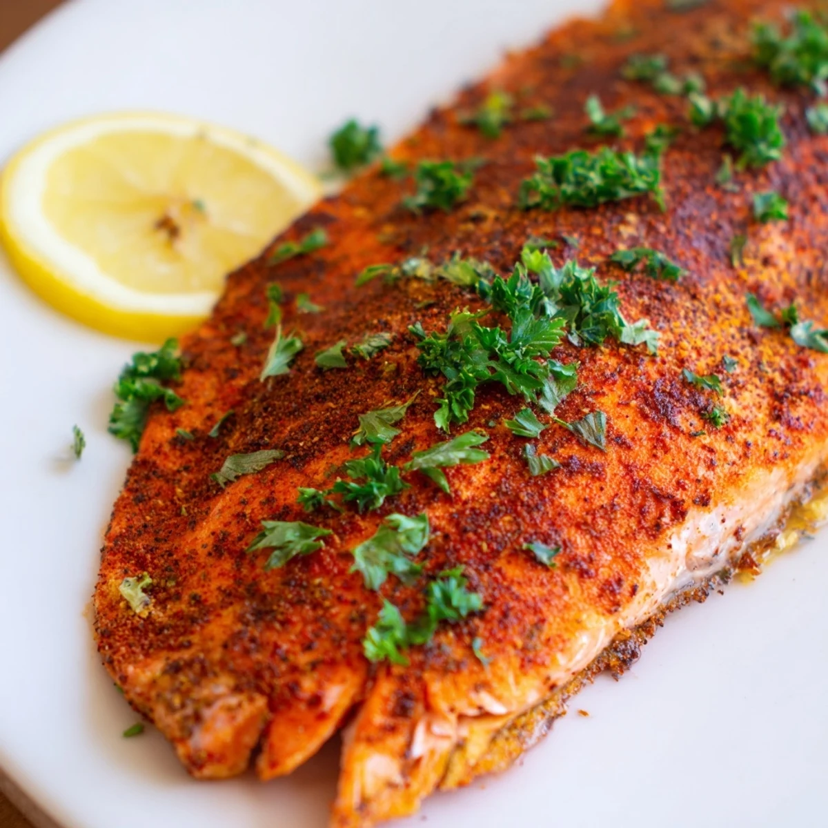 Perfectly cooked Baked Salmon with Cajun Seasoning, seasoned generously and served with bright lemon slices.