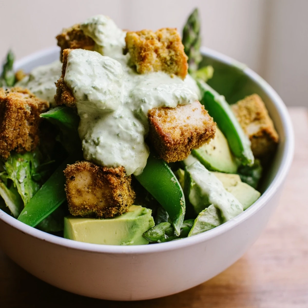 A wholesome bowl of Green Goddess Salad with Baked Tofu, garnished with chives and edamame, perfect for a healthy vegetarian dinner.