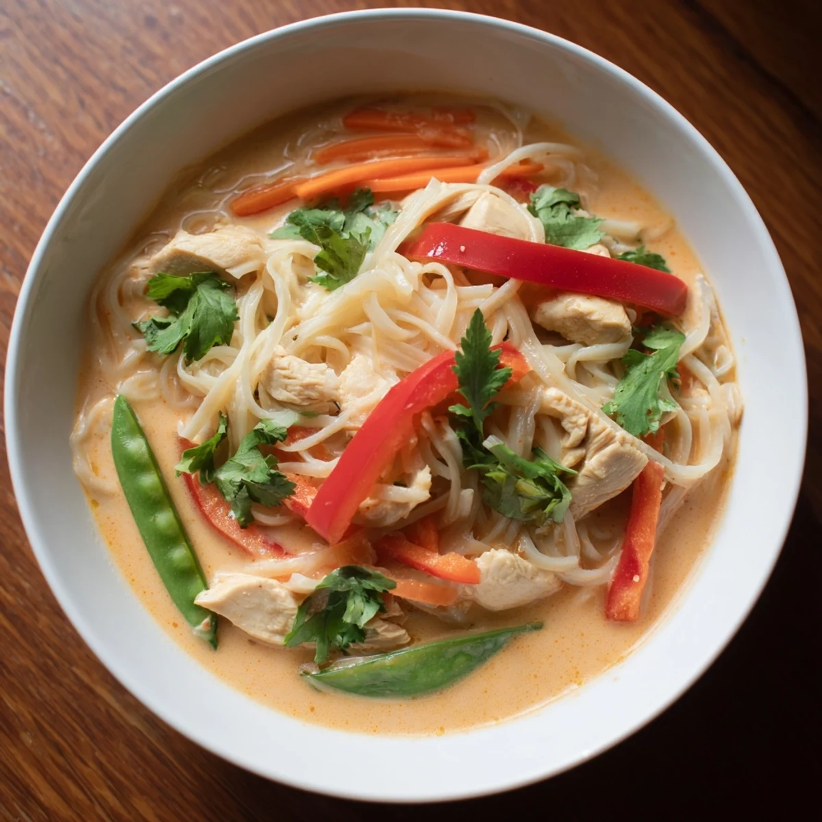 A steaming bowl of Thai Red Curry Noodle Soup with Chicken, garnished with fresh cilantro and lime wedges.