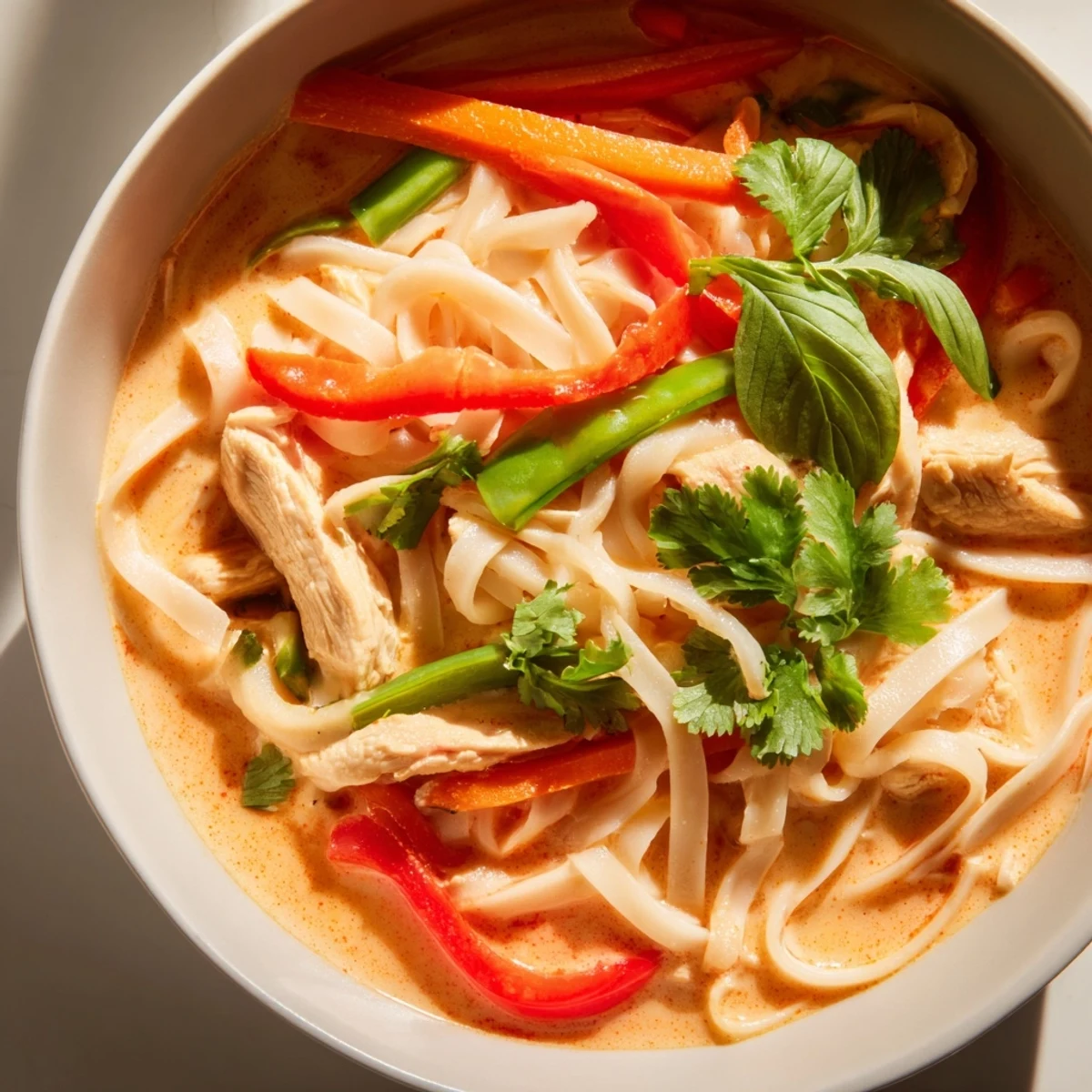 Thai Red Curry Noodle Soup with Chicken features rice noodles and vegetables in a rich, creamy coconut broth.