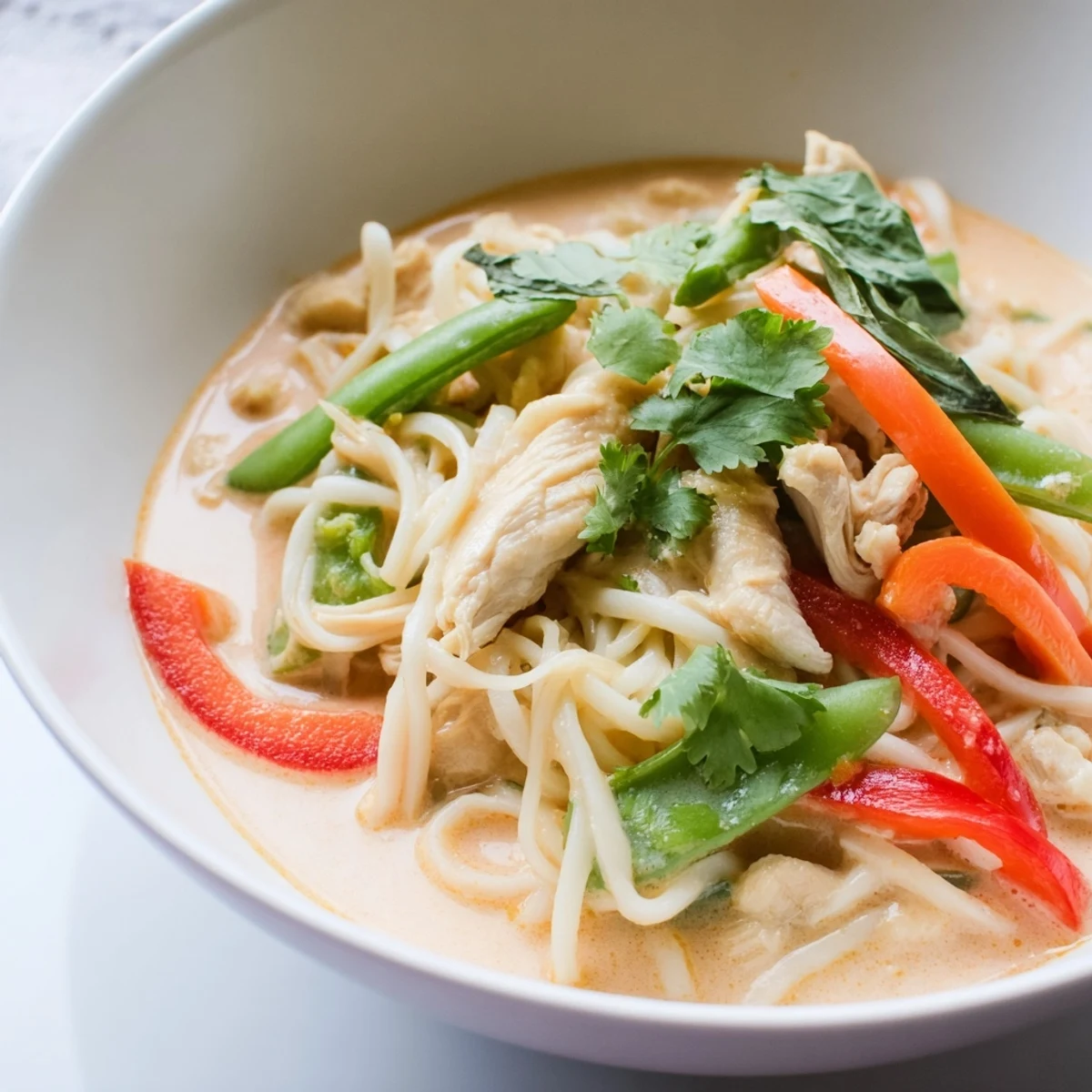 Vibrant red curry broth with chicken, peppers, and noodles, served hot with fresh Thai basil and lime.