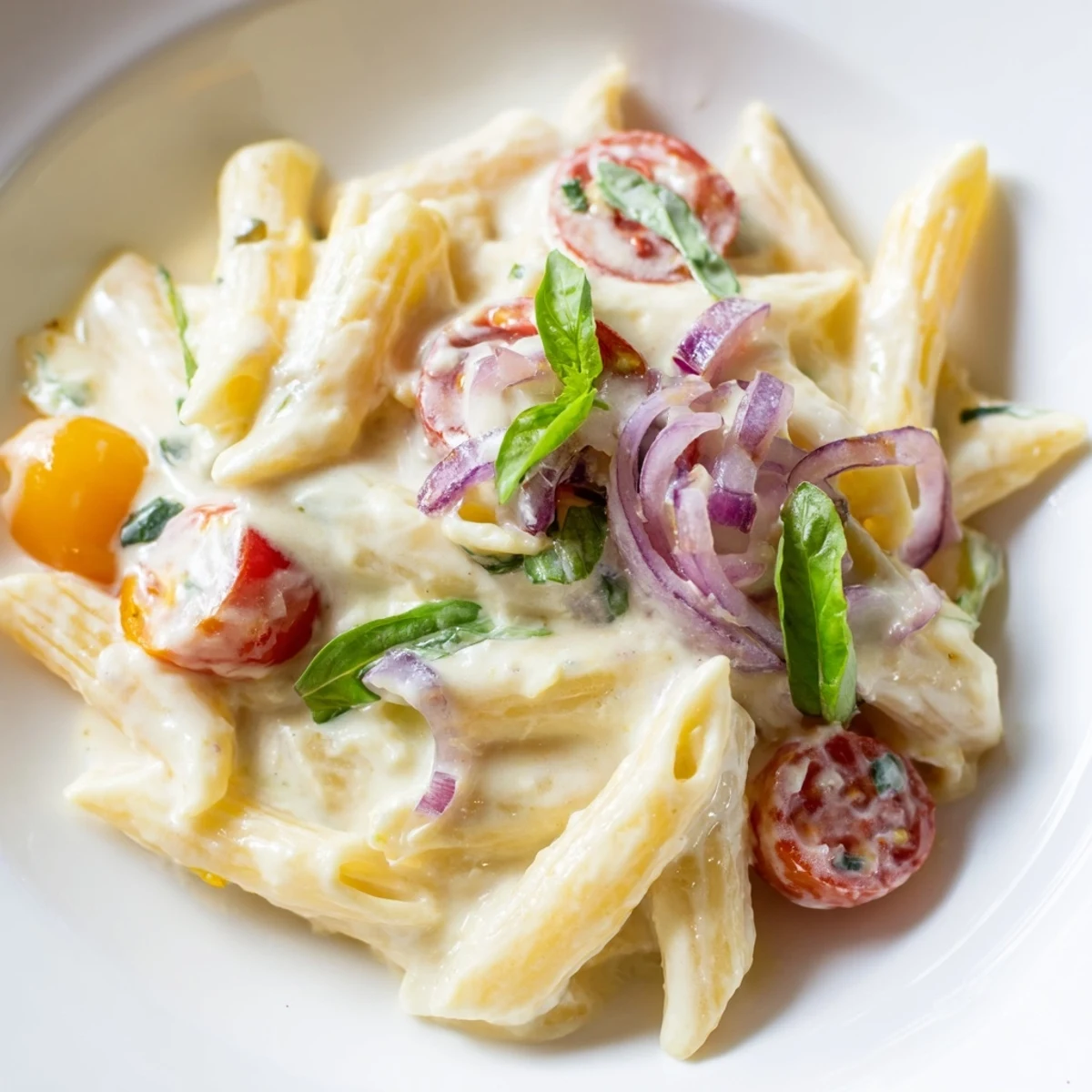 Freshly baked Baked Feta Pasta with Cherry Tomatoes and Basil in a ceramic dish, with roasted tomatoes and melted feta creating a creamy sauce.
