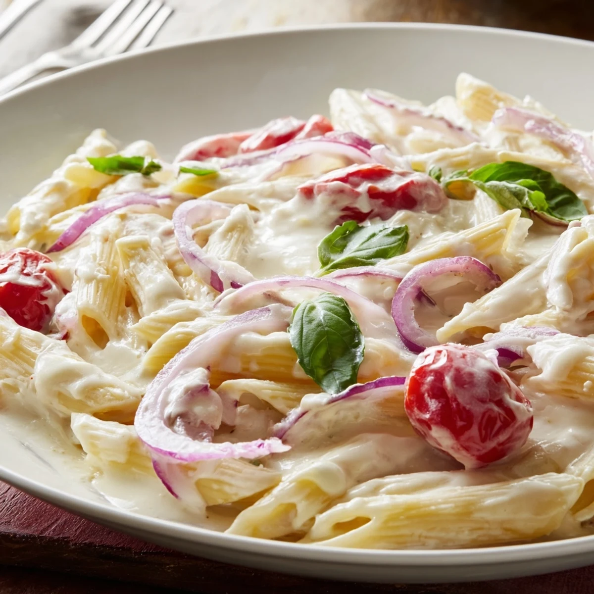 A close-up of Baked Feta Pasta with Cherry Tomatoes and Basil, featuring penne pasta tossed with juicy blistered tomatoes and fresh green basil leaves.
