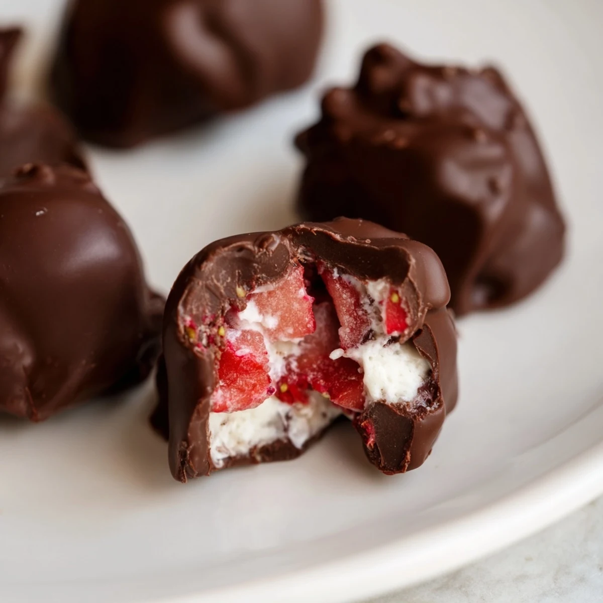 Perfectly dipped Chocolate Covered Strawberry Yogurt Clusters on a chilled tray with fresh strawberry bits.