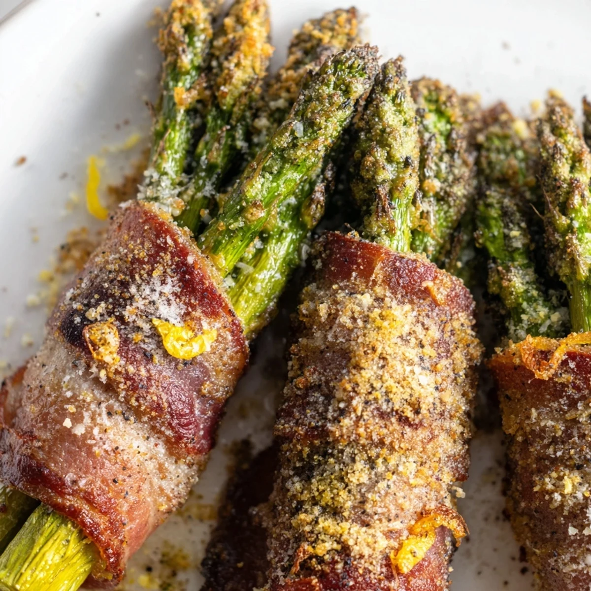 Savory roasted asparagus bundles with crispy beef bacon, garnished with Parmesan and lemon on a plate.