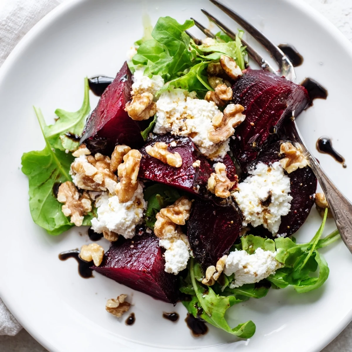 A freshly plated Roasted Beet and Goat Cheese Salad with Walnuts drizzled with balsamic vinaigrette, ready to serve.