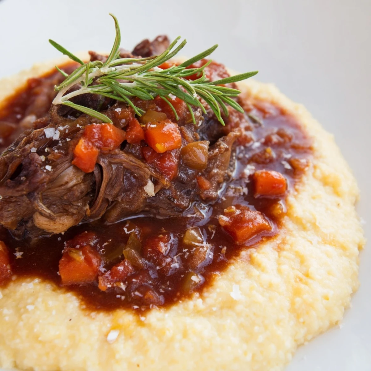 Braised Slow Cooked Lamb Shanks with Rosemary Polenta plated with rich, dark sauce and fresh herbs.