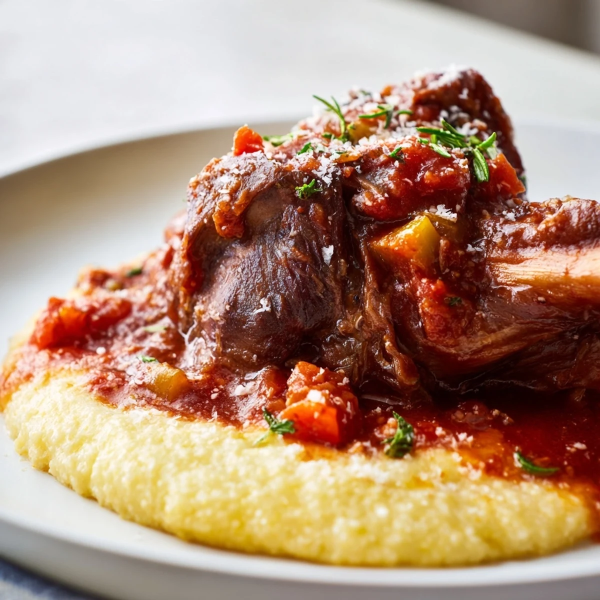 Fall-off-the-bone Slow Cooked Lamb Shanks with Rosemary Polenta served steaming hot alongside rustic bread.