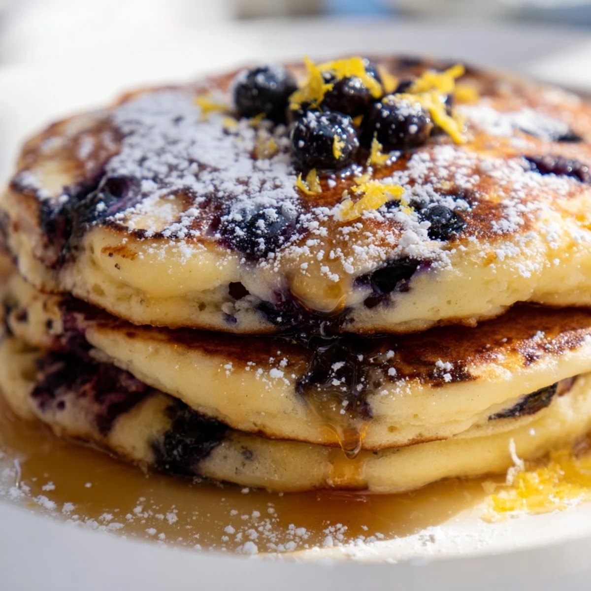 Fluffy Lemon Blueberry Ricotta Pancakes topped with blueberries and drizzled with warm maple syrup on a plate.
