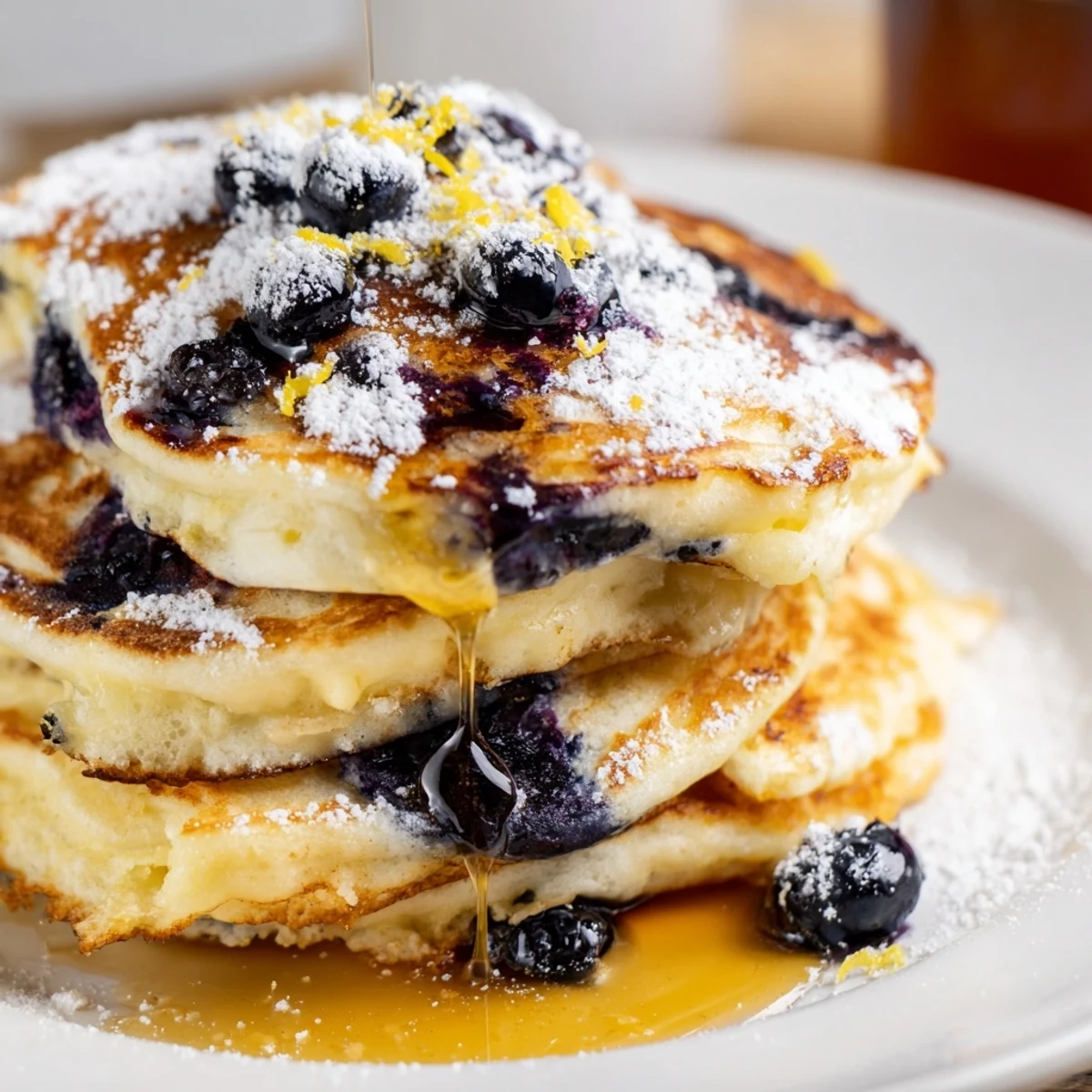 Golden-brown Lemon Blueberry Ricotta Pancakes stacked high, served alongside a small bowl of fresh blueberries.