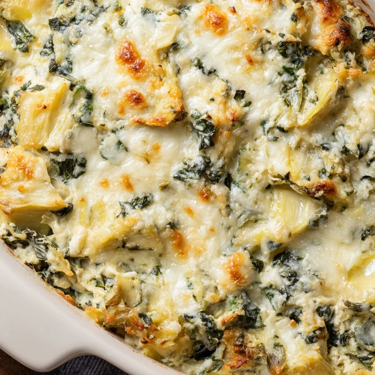 Steaming bowl of Cheesy Spinach Artichoke Dip beside crisp tortilla chips, topped with golden parmesan and red pepper flakes.