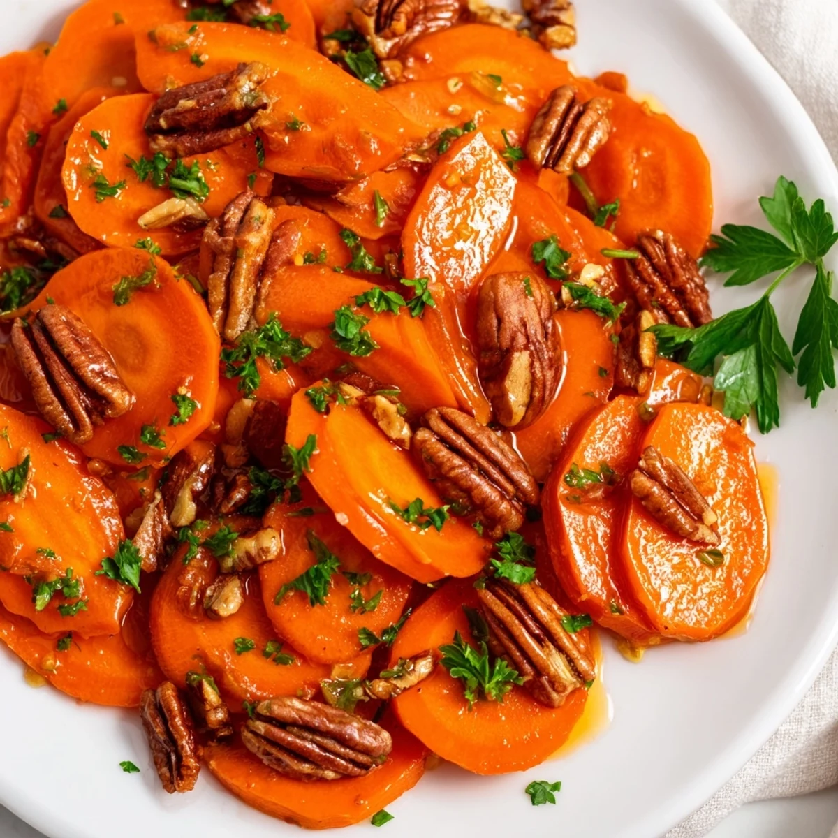 Glazed Carrots with Maple and Pecans glistening in a white bowl, garnished with fresh parsley.