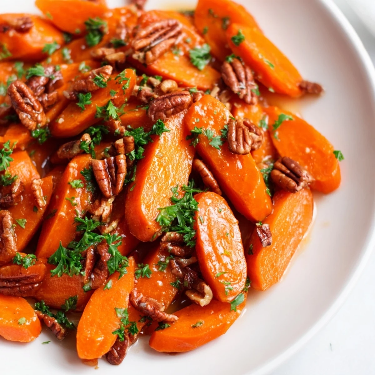 Close-up of Glazed Carrots with Maple and Pecans showing glossy glaze and toasted nuts on a rustic platter.