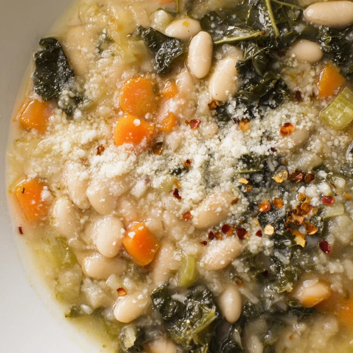 Creamy White Bean and Kale Tuscany Soup in a rustic bowl, topped with Parmesan and served with crusty bread.