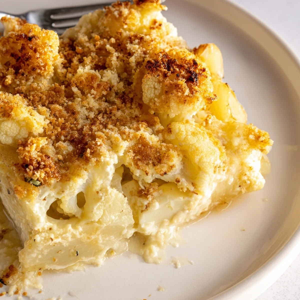 Freshly baked Cheesy Cauliflower and Potato Gratin emerges golden and bubbling from the oven, showcasing tender potato layers and cauliflower in a rich, creamy Gruyère sauce.