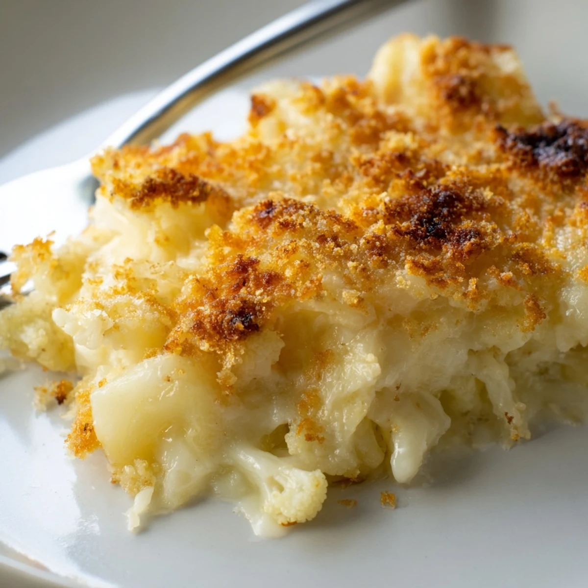 Overhead view of Cheesy Cauliflower and Potato Gratin inside a glass baking dish, revealing melted Parmesan and Gruyère sauce coating Yukon Gold potatoes and florets.