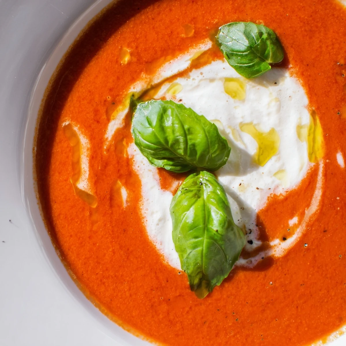 It uses "smoky roasted tomato and basil soup" naturally and fits within 8–14 words.